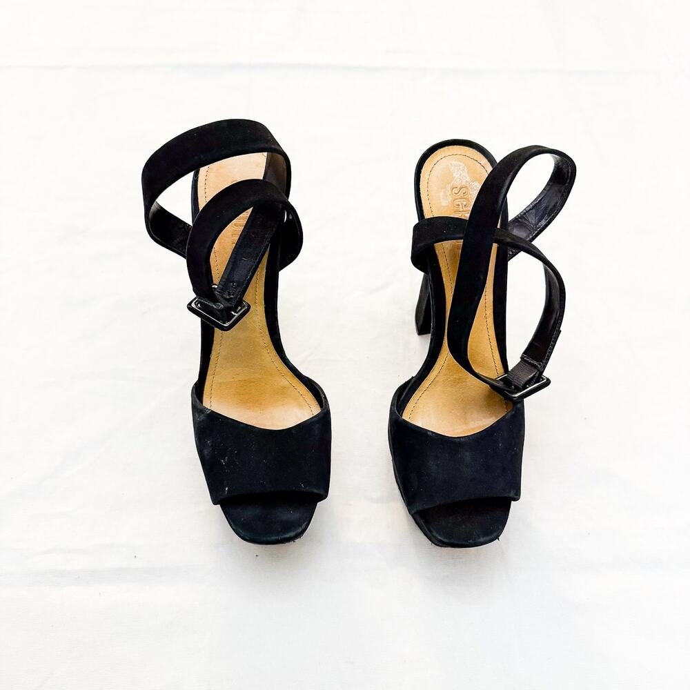 Schutz Amatista Black Suede Block Heel Sanal Peep Toe Size 9